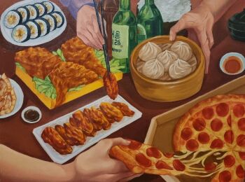 3others areuwuu bamboo_steamer chopsticks cup drinking_glass dumpling eating food food_focus from_above han_sooyoung highres holding holding_chopsticks kim_dokja long_sleeves multiple_others multiple_scars oil_painting_(medium) omniscient_reader&#039;s_viewpoint out_of_frame painting_(medium) pizza pizza_slice scar scar_on_hand soy_sauce sushi table traditional_media wine_glass yoo_joonghyuk