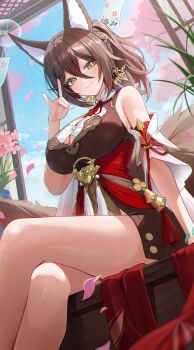 1girl absurdres animal_ear_fluff animal_ears blue_sky breasts brown_dress brown_hair cherry_blossoms commentary_request crossed_legs dress fox_ears fox_girl fox_shadow_puppet fox_tail green_eyes highres honkai:_star_rail honkai_(series) large_breasts looking_at_viewer multiple_tails ponytail sidelocks sitting sky smile solo suisen_(suisenhwa) tail thighs tingyun_(honkai:_star_rail) wind_chime