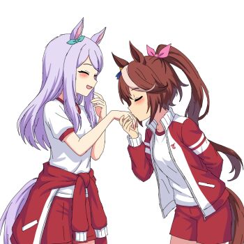 2girls animal_ears aqua_bow blush bow brown_hair clothes_around_waist ear_bow ear_ornament gym_shirt gym_uniform high_ponytail highres horse_ears horse_girl horse_tail jacket kiss kissing_hand long_hair long_sleeves mejiro_mcqueen_(umamusume) multicolored_hair multiple_girls open_mouth pants ponytail purple_hair red_jacket red_pants red_shorts red_track_suit sakuraji_rai shirt shorts smile streaked_hair tail tokai_teio_(umamusume) tracen_training_uniform track_jacket track_pants track_suit two-tone_hair umamusume white_hair yuri