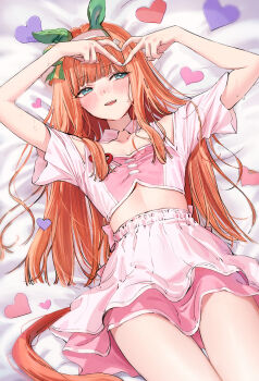 1girl animal_ears aqua_eyes bare_shoulders bed_sheet blunt_bangs blush clothing_cutout commentary_request crop_top cropped_shirt ear_covers ear_ornament emyo four-finger_heart_hands heart heart_hands highres horse_ears horse_girl horse_tail layered_skirt long_hair lying meni_shuki_rush-sshu! midriff official_alternate_costume on_back on_bed open_mouth orange_hair pink_shirt pink_skirt shirt shoulder_cutout silence_suzuka_(umamusume) skirt smile solo tail thighs umamusume