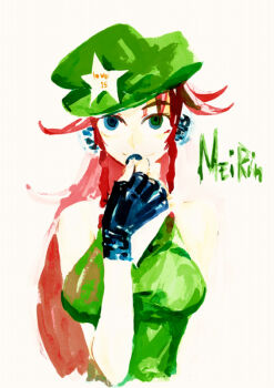 Rule 34 | 1girl, alternate costume, bare shoulders, female focus, fingerless gloves, gloves, hat, hong meiling, long hair, red hair, sketch, solo, star (symbol), tima, touhou