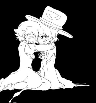 2others ^_^ androgynous ankle_socks arms_around_neck ascot bare_legs black_background blush boots chinese_commentary closed_eyes coat coattails commentary_request dot_nose embarrassed enraku_tsubakura eye_of_senri from_side full_body hair_between_eyes hakama happy hat heads_together highres houlen_yabusame hug japanese_clothes kneeling layered_sleeves len&#039;en long_sleeves looking_at_another loose_socks messy_hair multiple_others neck_ribbon open_mouth other_focus other_with_other parted_lips puffy_short_sleeves puffy_sleeves ribbon short_hair short_hair_with_long_locks short_over_long_sleeves short_sleeves shorts sidelocks simple_background sleeveless sleeveless_coat sleeves_past_fingers sleeves_past_wrists smile socks top_hat weihe_wuya_xiang_zhuo_tai wide_sleeves