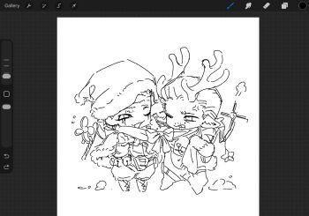 Rule 34 | animal costume, animal ears, antlers, christmas, commentary request, death stranding, deer ears, greyscale, hat, higgs (death stranding), highres, horns, jumpsuit, monochrome, odradek, one eye closed, pleiades9160, reindeer antlers, reindeer costume, sam porter bridges, santa hat, sketch