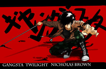 Rule 34 | 1boy, absurdres, aged down, black boots, black hair, black shirt, boots, brown jacket, camouflage, character name, copyright name, dbs&amp;n, dog tags, drop shadow, english text, facing viewer, fighting stance, gangsta, green pants, hair over one eye, high contrast, highres, holding, holding sword, holding weapon, jacket, letterboxed, looking ahead, male focus, military jacket, nicolas brown, on one knee, open clothes, open jacket, outstretched arms, pants, popped collar, red background, shirt, sword, weapon