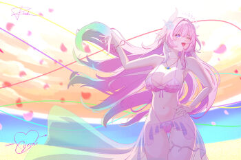 1girl ;o absurdres aqua_hair bikini breasts character_name commentary cyrene_(honkai:_star_rail) cyrene_(ripples_of_past_reverie)_(honkai:_star_rail) diamond-shaped_pupils diamond_(shape) english_commentary flower gradient_hair hair_flower hair_ornament highres honkai:_star_rail honkai_(series) jewelry large_breasts long_hair multicolored_hair multiple_girls navel necklace one_eye_closed orange_sky pink_bikini pink_hair pointy_ears puithenh purple_eyes sarong see-through_clothes see-through_sarong sky snowing solo stomach swimsuit symbol-shaped_pupils thighs variant_set very_long_hair white_hair