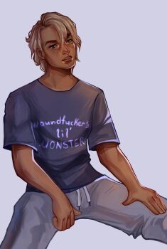 Rule 34 | 1boy, blonde hair, boyfriend to death, derek goffard, english text, green eyes, hands on own legs, head tilt, highres, looking at viewer, loverykmoon, male focus, outstretched legs, parted lips, print shirt, purple shirt, shirt, solo, tan