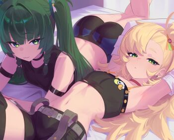 2girls absurdres anonds31 armpits bare_shoulders black_shorts blush braid breasts choker commentary english_commentary green_eyes green_hair hair_ribbon highres loli long_hair looking_at_viewer lying multiple_girls navel on_back on_stomach petite piper_wheel qingyi_(zenless_zone_zero) ribbon short_shorts shorts sidelocks small_breasts smile thighs twin_braids twintails zenless_zone_zero