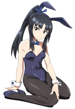 1girl alternate_costume animal_ear_hairband animal_ears black_hair blue_bow blue_bowtie blue_leotard blue_shoes blunt_bangs bow bowtie breasts brown_eyes commentary_request detached_collar fake_animal_ears hairband hattori_shizuka high_heels highres leotard nanashino pantyhose playboy_bunny ponytail rabbit_ears shoes sidelocks simple_background sitting small_breasts smile solo strapless strapless_leotard strike_witches wariza white_background world_witches_series wrist_cuffs