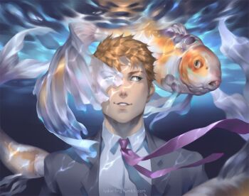 1boy commentary english_commentary facing_viewer fish grey_eyes grey_jacket jacket looking_at_animal looking_to_the_side lydialing_draws male_focus mob_psycho_100 necktie nose orange_hair parted_lips purple_necktie reigen_arataka short_hair smile solo submerged upper_body water