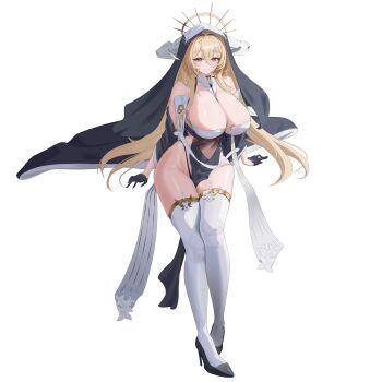 1girl absurdres akabane_(7558) azur_lane bare_hips bare_shoulders black_footwear black_gloves breasts cleavage cleavage_cutout clothing_cutout full_body gloves groin high_heels highres hip_bones huge_breasts implacable_(azur_lane) nun pelvic_curtain revealing_clothes shiny_skin skindentation solo thick_thighs thighhighs thighs transparent_background white_thighhighs