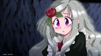 1girl apron black_shirt bow bowtie bud cave flower frilled_apron frills grey_hair hair_flower hair_ornament juliet_sleeves leaf leaf_hair_ornament long_hair long_sleeves original parted_lips portrait protonozawa puffy_sleeves purple_eyes red_bow red_bowtie red_flower red_rose rose shirt solo wavy_hair white_apron