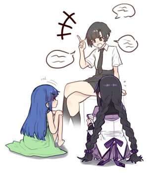 3girls absurdres akemi_homura akemi_homura_(magical_girl) back_bow black_hair black_hairband black_necktie black_skirt blue_hair bow braid brown_eyes capelet collared_shirt commentary crossed_legs dress ebora english_commentary english_text furude_rika green_dress hair_bobbles hair_ornament hairband hands_on_own_knees hatou_manabu highres higurashi_no_naku_koro_ni holding holding_notebook index_finger_raised lecturing long_hair mahou_shoujo_madoka_magica multiple_girls murasakiiro_no_qualia necktie nodding notebook on_floor pleated_skirt purple_bow purple_capelet purple_skirt shirt short_hair simple_background sitting sitting_on_object skirt speech_bubble trait_connection twin_braids very_long_hair white_background white_dress white_shirt