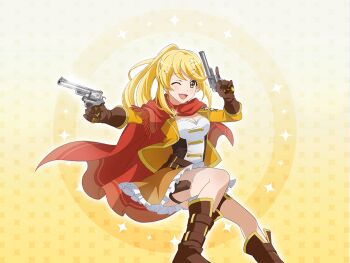 1girl blonde_hair boots breasts brown_boots cleavage colt_single_action_army dual_wielding game_cg gun hair_ornament handgun holding holding_gun holding_weapon jacket long_hair long_sleeves looking_at_viewer medium_breasts official_art one_eye_closed ootsuki_aruru orange_jacket orange_skirt ponytail red_scarf revolver scarf shoujo_kageki_revue_starlight shoujo_kageki_revue_starlight_-re_live- skirt solo star_(symbol) star_hair_ornament trigger_discipline weapon yellow_eyes