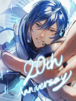 Rule 34 | 1boy, anniversary, black shirt, blue eyes, blue pants, blue scarf, coat, commentary, double-parted bangs, hair between eyes, headset, highres, kaito (vocaloid), kusui mikuro, looking at viewer, male focus, outstretched arm, pants, parted lips, reaching, reaching towards viewer, scarf, shirt, smile, solo, untranslatable commentary, vocaloid, white coat