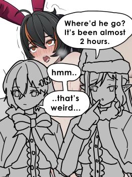 animal_ears belle_(zenless_zone_zero) black_hair blush censored christmas_ornaments commentary convenient_censoring dorahdew english_commentary full-face_blush hat heavy_breathing highres missionary nude open_mouth pointy_ears ponytail rabbit_ears santa_hat sex speech_bubble sweat tears tongue tongue_out vivian_banshee white_background wise_(zenless_zone_zero) zenless_zone_zero zhu_yuan