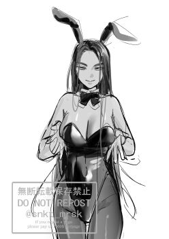 1girl absurdres alien_stage animal_ears bare_shoulders bow bowtie breasts cleavage commentary_request covered_navel cowboy_shot greyscale highres hyuna_(alien_stage) large_breasts leotard long_hair monochrome pantyhose playboy_bunny rabbit_ears sanokata solo strapless strapless_leotard twitter_username very_long_hair watermark