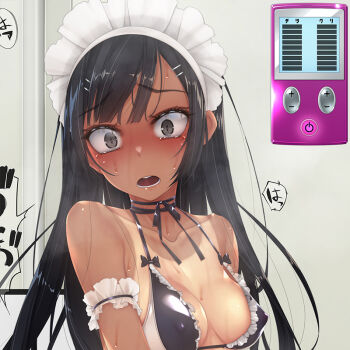 1girl arm_garter bare_shoulders bikini black_bikini black_eyes black_hair blush breasts cleavage collarbone controller covered_erect_nipples embarrassed frilled_bikini frills hair_ornament hairclip hime_cut long_hair looking_at_viewer maid maid_bikini maid_headdress medium_breasts murakami_suigun neck_ribbon one-piece_tan open_mouth original remote_control ribbon shiny_skin side-tie_bikini_bottom solo standing sweat swept_bangs swimsuit tan tanline tears unconventional_maid underwear wide-eyed