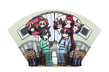 6+girls :&lt; alternate_costume animal_ears bag bed bedroom believe_(umamusume) blue_eyes blush breasts calstone_light_o_(umamusume) chair chrono_genesis_(umamusume) closed_eyes closed_mouth curtains durandal_(umamusume) gran_alegria_(umamusume) grey_hair hair_between_eyes hair_ornament hamu_koutarou highres horse_ears horse_girl horse_tail long_hair looking_at_viewer loves_only_you_(umamusume) lucky_lilac_(umamusume) medium_hair multiple_girls open_mouth pajamas sitting tail umamusume window