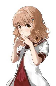 1girl absurdres blonde_hair brown_eyes brown_sailor_collar buttons cowboy_shot dress flat_chest hair_ornament hairclip hands_up highres keibi_inu looking_at_viewer nanamori_school_uniform oomuro_sakurako parallel_hairclips pleated_dress red_dress sailor_collar sailor_shirt school_uniform shirt simple_background solo triangle_hands white_background white_shirt yuruyuri