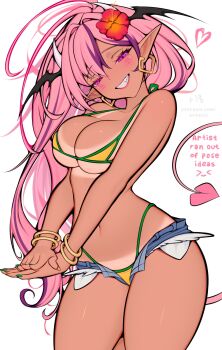 1girl alternate_costume ark_evil02 asymmetrical_bangs bangle bare_shoulders bikini bikini_bottom_under_shorts bikini_under_clothes bluesky_username bracelet brazilian_miku brazilian_miku_(cosplay) breasts cleavage commentary cosplay cutoffs demon_girl demon_horns denim denim_shorts earrings english_text exposed_pocket eyelashes fang fingernails flower green_nails green_trim grin hair_flower hair_intakes hair_ornament half-closed_eyes hatsune_miku head_wings heart highleg highleg_bikini highres horns ironmouse jewelry large_breasts light_blush lips long_hair looking_at_viewer micro_shorts multicolored_hair nail_polish navel necklace open_fly patreon_username pink_hair pointy_ears purple_eyes purple_hair shorts smile solo stomach streaked_hair swimsuit tail tan tanline thick_thighs thighs virtual_youtuber vocaloid vshojo white_background wings yellow_bikini yellow_nails