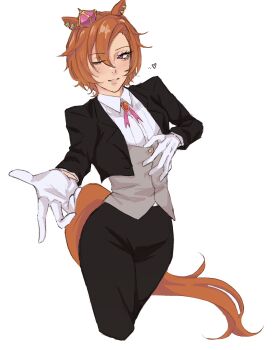 1girl alternate_costume animal_ears black_jacket black_pants blush collared_shirt commentary cropped_jacket cropped_legs crown english_commentary grey_vest heart highres horse_ears horse_girl horse_tail jacket looking_at_viewer mini_crown one_eye_closed open_clothes open_jacket pants shirt short_hair smile solo t.m._opera_o_(umamusume) tail umamusume vest white_shirt whoisjoijoi