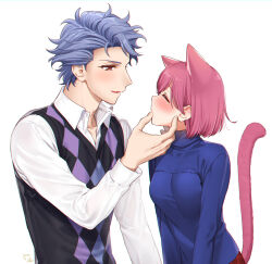 Rule 34 | animal ears, argyle, argyle clothes, argyle sweater vest, artist name, blue shirt, blush, bob cut, breasts, cat ears, cat girl, cat tail, closed eyes, collared shirt, couple, dated, grey hair, hair between eyes, hand on another&#039;s chin, hetero, krudears, long sleeves, medium breasts, parted lips, pink hair, protagonist (tokimemo gs3), red eyes, shirt, shitara seiji, short hair, sweater vest, tail, tokimeki memorial, tokimeki memorial girl&#039;s side 3rd story, turtle, upper body, wavy hair, white background, white shirt