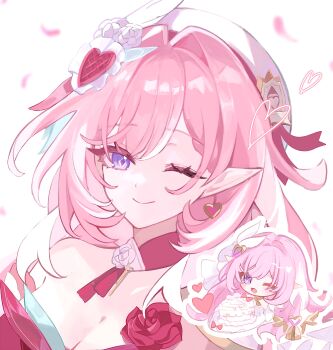 1girl absurdres birthday_cake breasts cake cleavage closed_mouth commentary diamond-shaped_pupils diamond_(shape) elysia_(herrscher_of_human:_ego)_(honkai_impact) elysia_(hi_love_elf)_(honkai_impact) elysia_(honkai_impact) food hair_intakes hair_ornament hat heart heart_hair_ornament highres honkai_(series) honkai_impact_3rd long_hair looking_at_viewer multicolored_hair pink_hair portrait purple_eyes simple_background smile streaked_hair symbol-shaped_pupils tdatnst white_background white_hat
