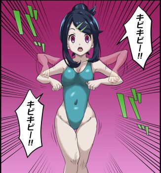 ! !! 1girl alternate_costume aqua_one-piece_swimsuit bare_legs black_hair blush breath clenched_hands corruption covered_navel curvy dancing emphasis_lines expressionless green_leotard green_sleeves hair_ornament hairclip hands_up highleg highleg_one-piece_swimsuit leotard liko_(pokemon) long_hair mind_control mochi_mochi_dance motion_lines nintendo one-piece_swimsuit pokemon pokemon_(anime) pokemon_horizons purple_background purple_eyes shiny_clothes shiny_skin sidelocks sintro_(sintro8190) solo standing sweat swept_bangs swimsuit teeth thighhighs translation_request