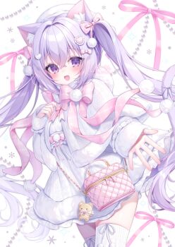 1girl :d animal_ears artist_name bag blush bow capelet cat_ears cat_girl commentary_request cowboy_shot crossed_bangs fur-trimmed_capelet fur-trimmed_sleeves fur_trim hair_between_eyes hair_bow hair_ornament handbag heart heart_hair_ornament high-waist_skirt highres long_hair long_sleeves looking_at_viewer momochi_chia open_hand open_mouth original pink_bag pink_bow pom_pom_(clothes) purple_eyes purple_hair shirt shirt_tucked_in signature skirt sleeves_past_wrists smile solo standing thighhighs twintails very_long_hair white_background white_capelet white_shirt white_skirt white_thighhighs