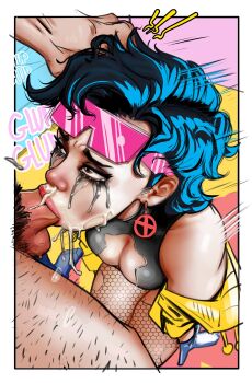 1boy 1girl absurdres black_hair blue_gloves border breasts brown_eyes cleavage coat cum earrings eyewear_on_head fellatio fin_nomore gloves hetero highres jewelry jubilee large_breasts makeup marvel open_clothes open_coat oral outside_border penis pink-tinted_eyewear runny_makeup short_hair testicles tinted_eyewear uncensored white_border x-men yellow_coat