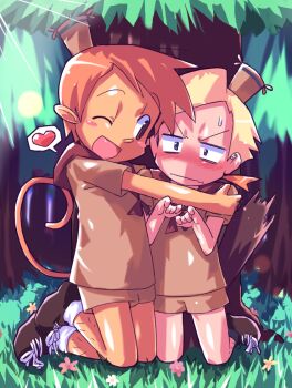 2boys beaver_tail camp_lazlo dark-skinned_male dark_skin drawpile_(medium) ear_piercing edward_platypus forest hat heart humanization kneeling lazlo_(camp_lazlo) leg_hair male_focus monkey_boy monkey_tail multiple_boys nature negiwave2000 one_eye_closed open_mouth piercing platypus_boy shirt shoes shorts speech_bubble spoken_heart tail tree wavy_mouth yaoi