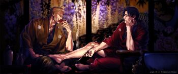 Rule 34 | 2boys, akiyama shun, architecture, barefoot, black hair, blonde hair, bottle, commentary request, cup, dim lighting, dimly lit room, drinking, east asian architecture, goda ryuji, hakama, haori, highres, holding, holding smoking pipe, hydrangea print, incense, incense burner, japanese clothes, katsura kogorou (ishin), kimono, kiseru, male focus, multiple boys, nicacu, ryuu ga gotoku (series), ryuu ga gotoku ishin!, saigou takamori (ishin), sakazuki, sake bottle, sideburns, smile, smoking pipe