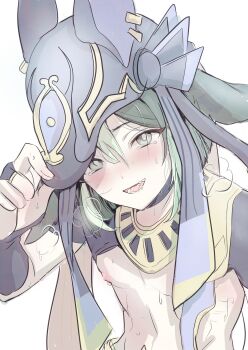 1boy adjusting_clothes adjusting_headwear animal_ear_helmet animal_helmet arm_up bare_pectorals blush breath commentary_request cosplay cyno_(genshin_impact) cyno_(genshin_impact)_(cosplay) dot_nose genshin_impact green_hair grey_eyes helmet highres linea_alba looking_at_viewer male_focus multicolored_hair open_mouth otanpopo1208 pectorals short_hair short_sleeves simple_background smile solo streaked_hair sweat tighnari_(genshin_impact) usekh_collar white_background