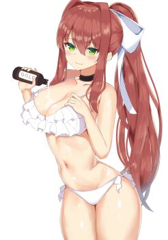 1girl :3 absurdres armpit_peek armpits b4_(yonten) black_choker blush bottle bow bow_bra bow_panties bra breast_focus breasts choker cleavage closed_mouth collarbone cowboy_shot doki_doki_literature_club eyelashes frilled_bra frills from_side grabbing_own_breast green_eyes hair_between_eyes highres holding holding_bottle large_breasts leaning_forward liquid long_hair looking_at_viewer lotion lube monika_(doki_doki_literature_club) naughty_face navel paizuri_invitation panties ponytail pouring pouring_onto_self seductive_smile shiny_skin sidelocks simple_background smile solo sparkle standing stomach suggestive_fluid thick_thighs thighs underwear underwear_only very_long_hair white_background white_bow white_bra white_panties wide_hips
