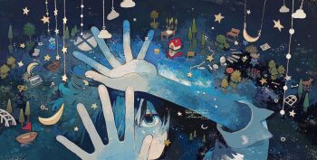 Rule 34 | 1boy, bench, boat, chain, cloud, crescent, fish, hands up, highres, house, ka (996beshi), key, one eye covered, original, park bench, rocking horse, short hair, signature, sleeves rolled up, solo, star (symbol), surreal, tree, water, watercraft, watermark, winding key