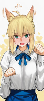 1girl absurdres ahoge animal_ear_fluff animal_ears artoria_pendragon_(fate) black_skirt blonde_hair blue_bow blue_bowtie blue_eyes blush bow bowtie braid breasts bun_with_braided_base cat_ears cat_girl collared_shirt extra_ears fang fate/stay_night fate_(series) hair_bun hands_up highres kamisato_sora kemonomimi_mode long_sleeves medium_breasts medium_hair nervous_sweating paw_pose saber_(fate) shirt shirt_tucked_in sidelocks single_hair_bun skirt solo sweat sweatdrop white_shirt