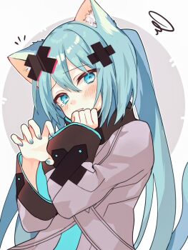 1girl animal_ear_fluff animal_ears aqua_eyes aqua_hair aqua_nails aqua_trim batsu_miku cat_ears cat_tail claw_pose closed_mouth double-parted_bangs fingernails grey_sweater hair_between_eyes hair_ornament hatsune_miku kowareta_sekai_to_utaenai_miku long_hair long_sleeves looking_at_viewer mayoi_reu nail_polish project_sekai sad sweater tail twintails vocaloid x_hair_ornament