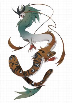 Rule 34 | animal ears, animal focus, animal hands, animal print, blue eyes, claws, creature, dragon, fantasy, feathers, full body, grid background, highres, horns, jewelry, kel-del, long body, monster, open mouth, original, reference sheet, short legs, single horn, solo, tail, teeth, tiger print, tongue, whiskers, white background