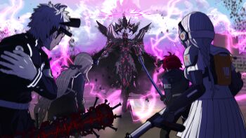 2boys 3girls absurdres alternate_form armor baseball_bat body_markings braid cape dark-skinned_female dark-skinned_male dark_skin full_armor game_cg gloves gun hairband highres holding holding_sword holding_weapon kawana_tsubasa kirifuji_nozomi komatsuzaki_rui last_defense_academy_school_uniform long_hair multiple_boys multiple_girls nail_(hardware) nail_bat non-web_source official_art pauldrons pleated_skirt rifle school_uniform short_hair shoulder_armor skirt sumino_takumi sword tan the_hundred_line_-last_defense_academy- v&#039;ehxness weapon white_hair yakushiji_takemaru