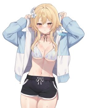 Rule 34 | 1girl, alternate costume, black shorts, blonde hair, blue nails, blush, bra, breasts, cleavage, closed mouth, commentary request, dolphin shorts, drawstring, fingernails, genshin impact, hair between eyes, hands up, highres, hood, hooded jacket, jacket, lumine (genshin impact), medium breasts, mkichi, nail polish, navel, short hair with long locks, shorts, simple background, solo, stomach, sweat, underboob, underwear, white background, white bra, yellow eyes
