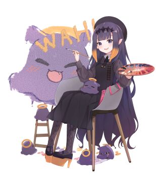 1girl bag beret black_dress black_hair black_ribbon black_shoes blue_eyes blunt_bangs book chair collared_shirt commentary dress english_text fang flat_cap full_body gradient_hair grey_pantyhose grey_shirt grimoire halo handbag hat headpiece highres holding holding_paintbrush hololive hololive_english knit_pantyhose long_hair long_sleeves looking_at_viewer mary_janes medium_dress mole mole_under_eye multicolored_hair nahae neck_ribbon ninomae_ina&#039;nis ninomae_ina&#039;nis_(casual) official_alternate_costume on_chair open_mouth orange_hair paint_palette paintbrush painting_(action) pantyhose pinafore_dress pink_bag pinstripe_pattern pinstripe_shirt platform_shoes pleated_dress pointy_ears puffy_long_sleeves puffy_sleeves purple_hair ribbon shirt shoes sideways_hat simple_background sitting sleeveless sleeveless_dress smile striped_clothes striped_shirt takodachi_(ninomae_ina&#039;nis) tentacle_hair very_long_hair virtual_youtuber white_background