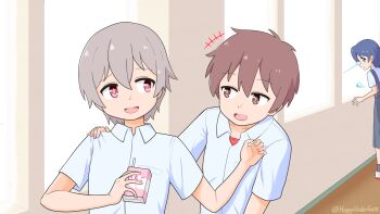 Rule 34 | +++, 1girl, 2boys, :d, artist name, bare arms, blue hair, brown eyes, brown hair, collared shirt, commentary request, drink carton, fujoshi, grey eyes, hair between eyes, hand on another's shoulder, happyundergate, highres, holding, holding drink carton, indoors, male focus, multiple boys, onii-chan wa oshimai!, open mouth, red eyes, sakurada yuuta, senkawa minato, shirt, short hair, short sleeves, skirt, smile, suspender skirt, suspenders, tachikawa aoi, twitter username, white shirt, wing collar