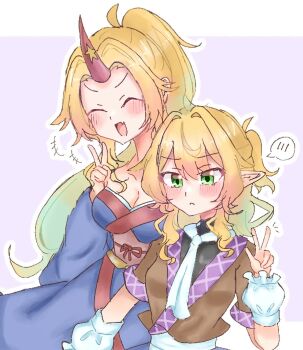 +++ 2girls arm_warmers black_shirt blonde_hair blue_kimono blush breasts brown_shirt cleavage closed_eyes closed_mouth commentary_request frown green_eyes hair_intakes half_updo highres horns hoshiguma_yuugi hoshiguma_yuugi_(kimono) japanese_clothes kimono long_hair looking_at_viewer medium_breasts medium_hair mizuhashi_parsee multiple_girls obi open_mouth pointy_ears ponytail purple_background red_horns sash scarf shirt short_ponytail short_sleeves single_horn smile spoken_blush star_(symbol) toannu10806 touhou undershirt upper_body white_scarf