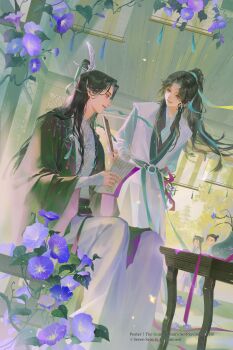 1girl 3boys :d adam's_apple architecture arms_behind_back black_hair blue_flower chinese_clothes copyright_logo copyright_name curtained_hair double_bun dutch_angle east_asian_architecture flower from_below furisode_sleeves glint green_hanfu green_ribbon hair_bun hair_ribbon half_updo hand_fan hanfu highres holding holding_fan holding_paper ikebana layered_sleeves light_particles logo long_hair long_sleeves looking_at_another luo_binghe male_focus ming_fan morning_glory multiple_boys ning_yingying official_art open_mouth paper paper_fan parted_bangs pink_ribbon ponytail renzha_fanpai_zijiu_xitong ribbon ribboned_xiao_guan shen_qingqiu sidelocks single_hair_bun sitting smile standing table tassel temple trellis twintails v-shaped_eyebrows vase wavy_hair white_hanfu wide_sleeves wooden_floor wooden_table