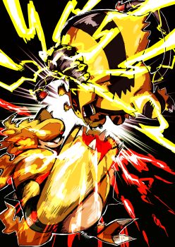 Rule 34 | absurdres, black background, commentary request, electivire, electricity, fighting, fire, gen 4 pokemon, highres, magmortar, motion blur, nintendo, open mouth, outline, pokemon, pokemon (creature), pokemon focus, red eyes, smile, teeth, user hmrm3822, white outline