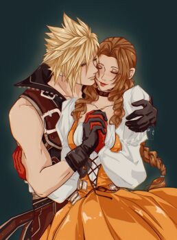 1boy 1girl absurdres aerith_gainsborough aerith_gainsborough_(garnet's_gown) arm_around_shoulder bare_shoulders black_choker black_gloves black_vest black_wrist_cuffs blonde_hair braid braided_ponytail breasts brown_hair choker closed_eyes cloud_strife cloud_strife_(zidane's_outfit) cosplay couple cowboy_shot dress final_fantasy final_fantasy_vii final_fantasy_vii:_ever_crisis garnet_til_alexandros_xvii garnet_til_alexandros_xvii_(cosplay) gloves grey_background hair_between_eyes hetero highres holding_hands interlocked_fingers juliet_sleeves long_hair long_sleeves medium_breasts official_alternate_costume orange_dress parted_bangs puffy_sleeves red_gloves shanlieart shirt short_hair sidelocks simple_background single_braid smile spiked_hair vest white_shirt wrist_cuffs zidane_tribal zidane_tribal_(cosplay)