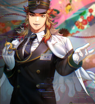 1boy :d adapted_costume black_hat black_jacket black_pants black_suit blonde_hair blue_necktie blurry blurry_background buttons cape collared_shirt colored_tips flame_print forked_eyebrows formal_clothes gloves hand_up hashimoto_(yanagi-momo) hat holding holding_pocket_watch jacket kimetsu_no_yaiba long_hair long_sleeves looking_at_viewer male_focus multicolored_hair name_tag necktie open_mouth orange_eyes pants pocket_watch red_hair rengoku_kyoujurou shirt smile solo streaked_hair suit teeth thick_eyebrows two-tone_hair upper_body watch white_cape white_gloves white_shirt