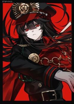 1girl belt belt_buckle black_belt black_border black_hair black_jacket border buckle cape collared_cape commentary_request crest family_crest fate/grand_order fate_(series) gloves hat highres jacket long_hair medallion military_hat military_uniform oda_nobunaga_(fate) oda_uri peaked_cap popped_collar red_background red_cape red_eyes solo white_gloves xixing_chun