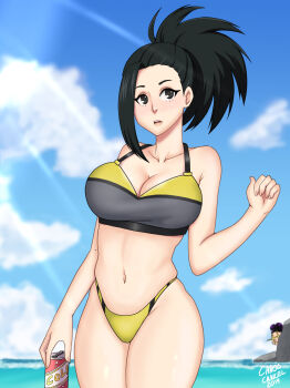 1boy 1girl artist_name bare_shoulders beach bikini black_bikini black_eyes black_hair blurry blurry_background boku_no_hero_academia breasts can cleavage cola collarbone day drink_can highres holding_soda_can large_breasts matching_hair/eyes mineta_minoru multicolored_bikini navel ocean open_mouth ponytail purple_hair soda_can solo_focus swimsuit teeth thighs two-tone_bikini upper_teeth_only yaoyorozu_momo yellow_bikini