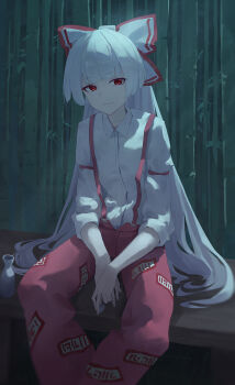 1girl akeguchi bamboo bamboo_forest bow choko_(cup) closed_mouth collared_shirt commentary cup forest fujiwara_no_mokou grey_hair hair_bow highres holding holding_cup long_hair long_sleeves looking_at_viewer nature outdoors pants red_eyes red_pants shirt sleeves_rolled_up smile solo suspenders tokkuri touhou very_long_hair white_shirt